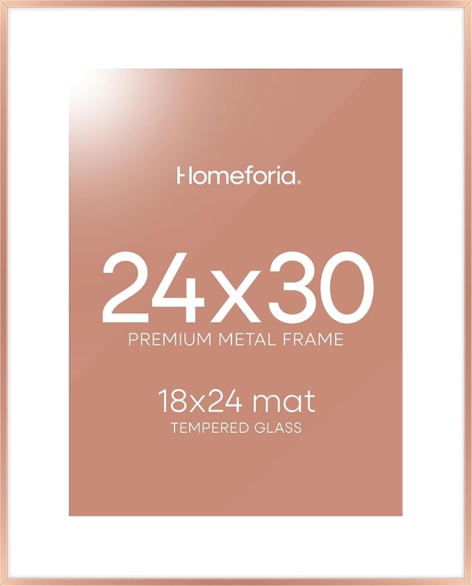Homeforia 24x30 Frame Rose Gold, High End Metal 24x30 Picture Frames with Mat 18x24 inch Photo, 24 x 30 Rose Gold Poster Frame Matted to 18 by 24, 30x24 Large Frame, Tempered Glass, Wall Kit, Set of 1-Ruum Studio Home