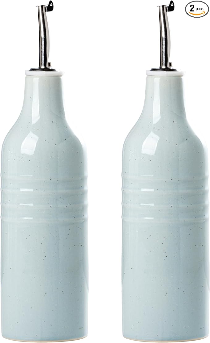 famiware Jupiter 16oz Ceramic Olive Oil Dispenser Bottle, Olive Oil and Vinegar Dispenser Bottle Set of 2 with Stainless Steel Pourers, Suitable for Storage Vinegar, Liquids, Light Blue-Ruum Studio Home