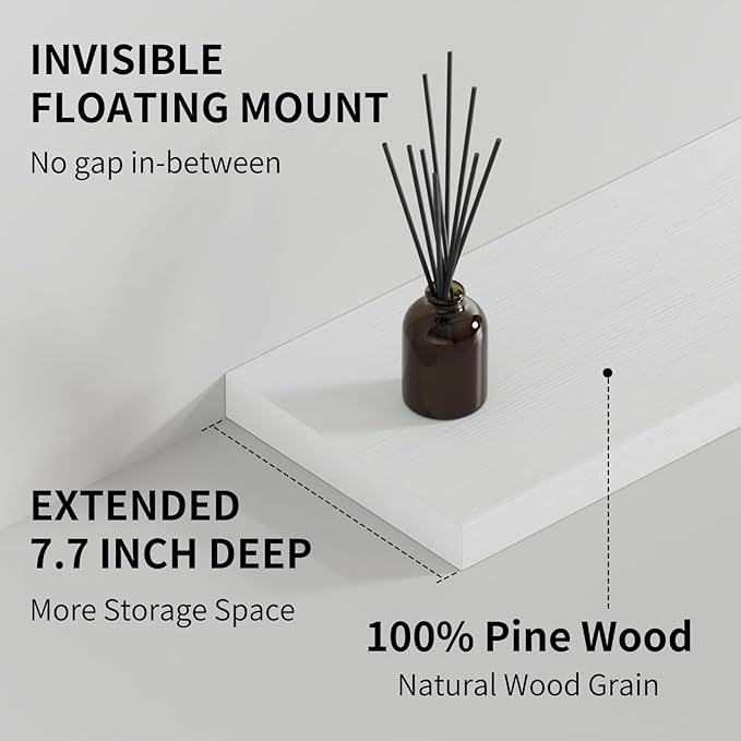 SAUMONIERES Floating Shelves 8 Inch Deep Solid Wood Wide Wall Shelf Set of 1 Wall Mounted for Bedroom Bathroom Living Room Kitchen, 48 Inch White-Ruum Studio Home