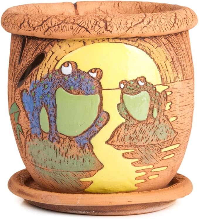 Ceramic Pot with Drainage Hole and Saucer, Plant Pots, Modern Decorative Planters for House Plants Indoor Flowers Plants, Cute Flower Pot - Gifts (Frogs (1.6 L))-Ruum Studio Home