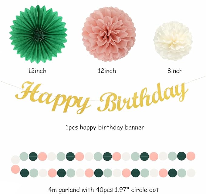 Sage-Green Pink Birthday Party-Decorations Paper-Flowers - 14pcs Happy Banner Spring Lanterns Tissue Pom Poms,Boho Streamers Garland Fans,Neutral Rustic Garden Office Hanging Supplies Decor Hugfond-Ruum Studio Home