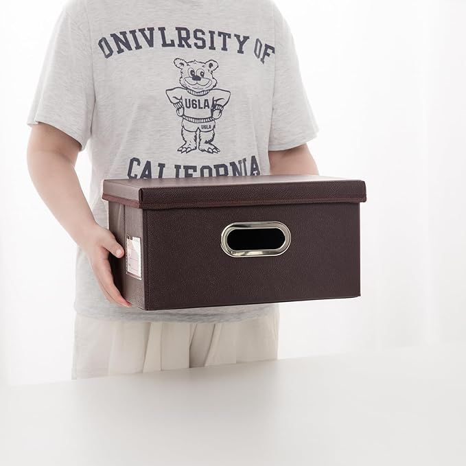 PRANDOM Collapsible Storage Box with Lid [3-Pack] Leather Fabric Foldable Storage Bin Organizer Container Basket Cube with Cover for Home Bedroom Closet Office Nursery Brown(13.6x9.6x6.9)-Ruum Studio Home