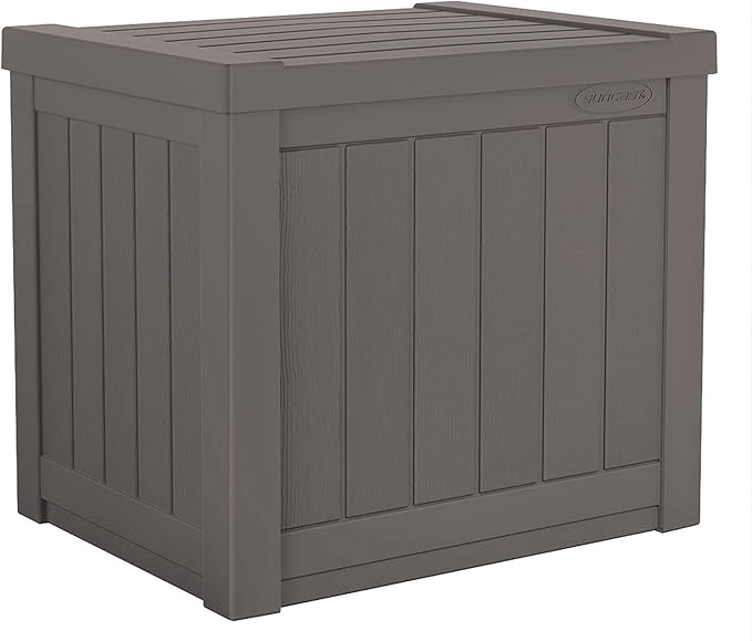 Suncast 22-Gallon Small Deck Box - Lightweight Resin Indoor/Outdoor Storage Container and Seat for Patio Cushions and Gardening Tools - Store Items on Patio, Garage, Yard - Stone Gray, Made in the USA-Ruum Studio Home