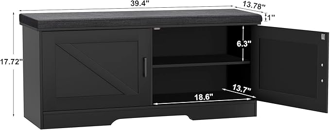 2-Tier Storage Bench, Shoe Bench with Padded Seat Cushion, Entryway Bench with 2 Barn Doors, Adjustable Shelf, 13.8" D x 39.4" W x 17.7" H, for Entryway, Living Room, Bedroom, Black-Ruum Studio Home