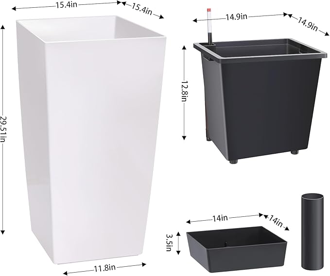 30" Tall Planters Set of 2, Outdoor＆Indoor Black Planter Pots, High Front Porch Planter Pots with Drainage Holes＆Water Level Monitor Movable Wheels ＆Inner Bucket, Automatic Watering, White-Ruum Studio Home