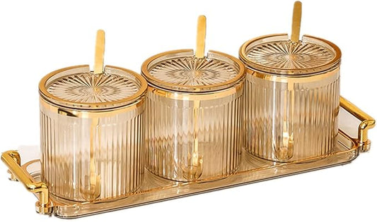 Acrylic Condiment Spice Jars,Condiment Spice Box With Lids and Spoons and Tray,Clear Plastic Sugar Salt Canisters,Seasoning Box 3 Pack,Seasoning Box Set for Kitchen to Storage Salt,Paprika,Sugar-Ruum Studio Home