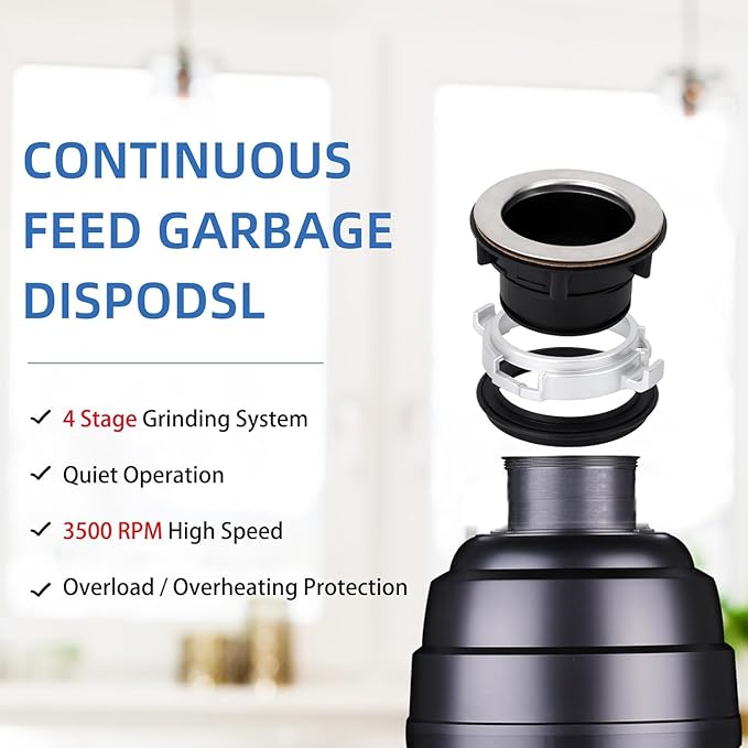 Powerful 1HP Stainless Steel Garbage Disposer, Dishwasher-Friendly and Continuous Feeding Waste Disposer, Grinding Material Four-Stage Grinding, Black-Ruum Studio Home