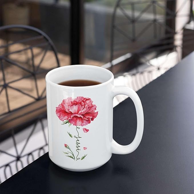 Personalized Floral Carnation Mug, Customized Name On Flower Coffee Cup, Unique Ceramic Tea Mug 11oz Or 15oz, Custom Carnation Flower Accent Cup, Gift For Daughter Mother-Ruum Studio Home