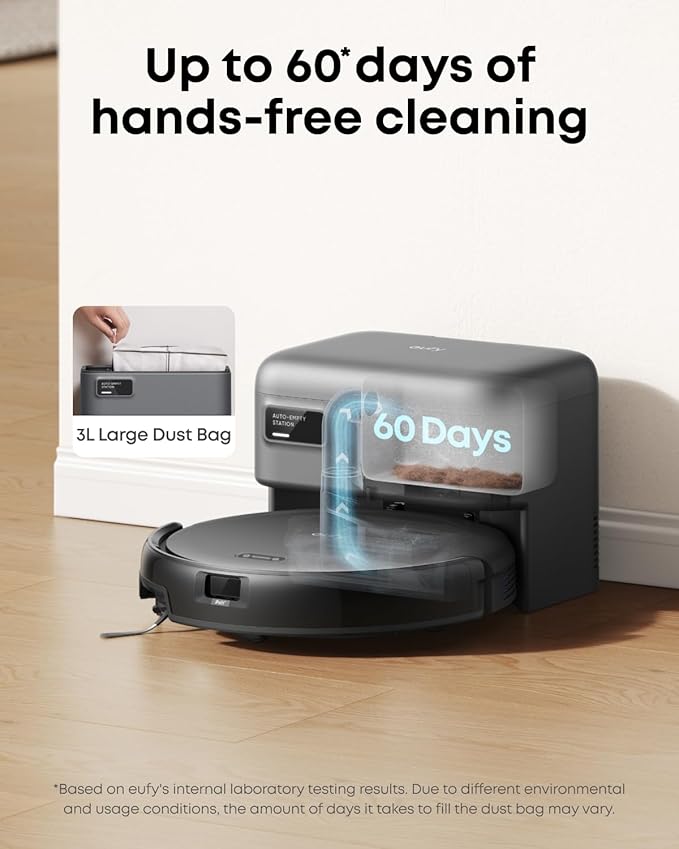 eufy C10 Robot Vacuum Self Emptying, 8 Weeks Hands Free, Advanced Smart Mapping with LiDAR Navigation, 2.85-Inch Slim Design, Powerful Suction, Edge Expansion Brush for Pet Hair-Ruum Studio Home