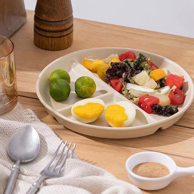 9" Unbreakable Divided Plates Set of 5, Wheat Straw Plate Reusable Dinnerware Portion Control Plate, Round Bariatric Plastic Plate for Kids Adults, BPA-free, Dishwasher Safe-Ruum Studio Home