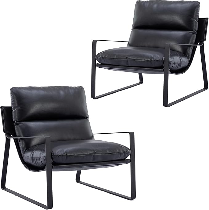 DUOMAY Mid-Century Accent Chair Armchair Set of 2, Comfy PU Leather Leisure Chair Lazy Chair with Metal Leg for Living Room Bedroom Office Apartment, Black-Ruum Studio Home