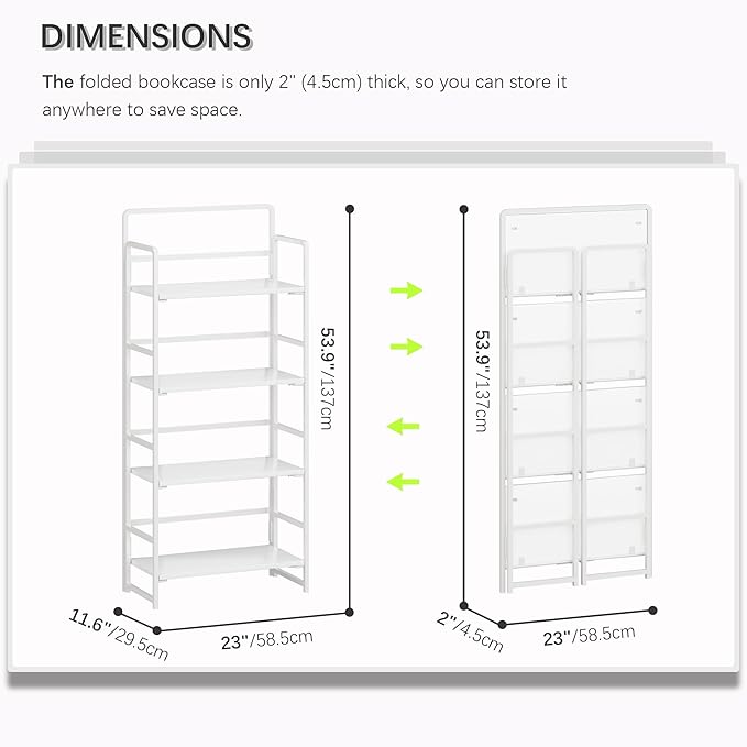 4NM No Assembly Foldable Bookshelf, 4-Shelf Collapsible Bookcase Storage for Small Spaces, 54" H, All White-Ruum Studio Home