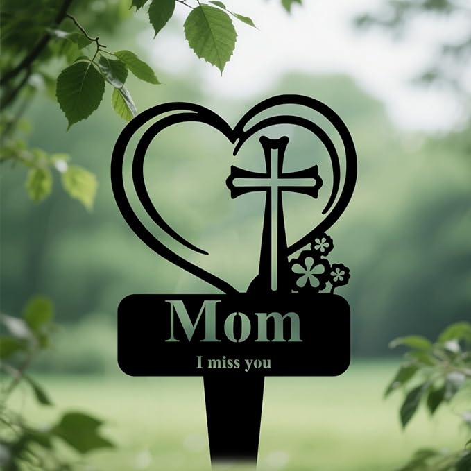 Mom Memorial Grave Stake, Cemetery Decorations for Grave Markers 12.5 x 7.2 inch Heart Metal Sympathy Stakes Graveside Plaque Decor Sign for Mother Graves, Yard, Garden - Black-Mom-Ruum Studio Home