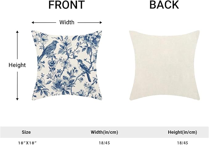 Navy Blue Spring Floral Pillow Covers 18 x 18 Inch Set of 2 for Chinoiserie Vintage Flowers Bird Decor Throw Pillows Plant Farmhouse Outdoor Decorative Cushion Cases for Couch Bed Decorations-Ruum Studio Home