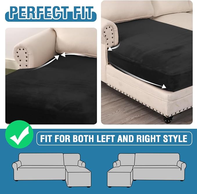 H.VERSAILTEX Velvet Stretch Individual Chaise Cover Sectional Couch Covers for L Shaped Sofa Both Left/Right Furniture Protector Seat Cushion Sofa Cover (1 Piece Chaise Cover, Black)-Ruum Studio Home