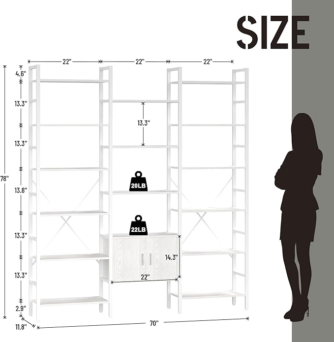 70x78 “ Triple 6 Tier Book Shelf, Industrial Large Bookcase with Storage Cabinet, Tall Bookshelf with 16 Open Display Shelves Metal Frame Furniture for Living Room Bedroom Home Office White-Ruum Studio Home