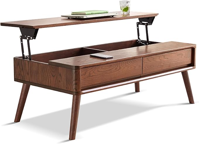Solid Oak Wood Lift Top Coffee Table for Living Room, Mid Century Modern Tables with Drawers and Large Storage, Coffee Tables for Small Spaces (Oak Walnut Color, 39.37" W x 21.65" D x 25.59" H)-Ruum Studio Home