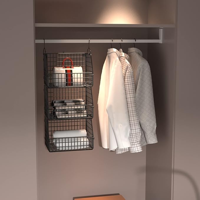 Stackable Wire Storage Baskets for Kitchen Closet Pantry, Hanging Closet Organizers Storage Shelves Organization, Wall Mount Metal Basket Bins, Clothing Vegetable & Fruit Organizer 5 pcs-Ruum Studio Home