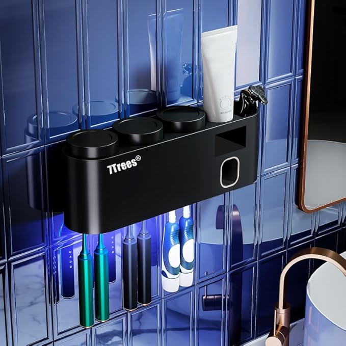 Toothbrush Sanitizer, Self Adhesive Toothbrush Holder with 3 Cups, Automatic Toothpaste Squeezer Dispenser Bathroom Accessories Set (Black)-Ruum Studio Home