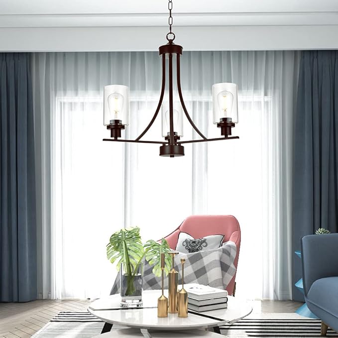 BONLICHT 3 Lights Oil-Rubbed Bronze Traditional Chandelier Rustic Kitchen Island Lighting Fixtures Hanging Clear Glass Cylinder Pendant Lights Classic Ceiling Light for Dining Room Bedroom Foyer-Ruum Studio Home