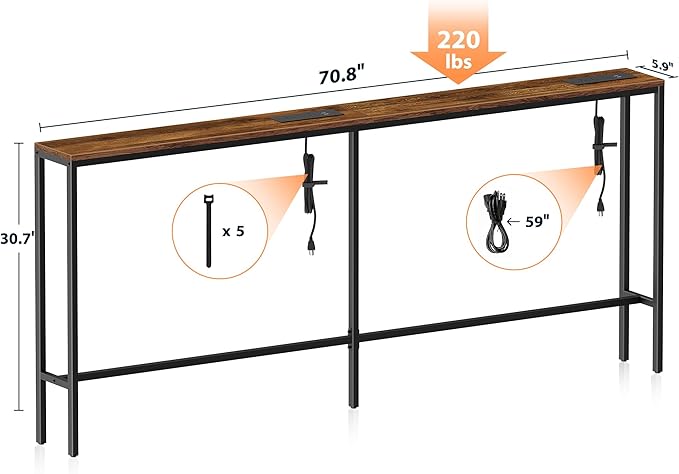 Narrow Sofa Table with 2 Power Outlets, 71” Thin Console Tables Narrow Long, Behind Couch Table Skinny, Wood Console Tables for Entryway, Living Room, Hallway, Foyer, Rustic Brown-Ruum Studio Home
