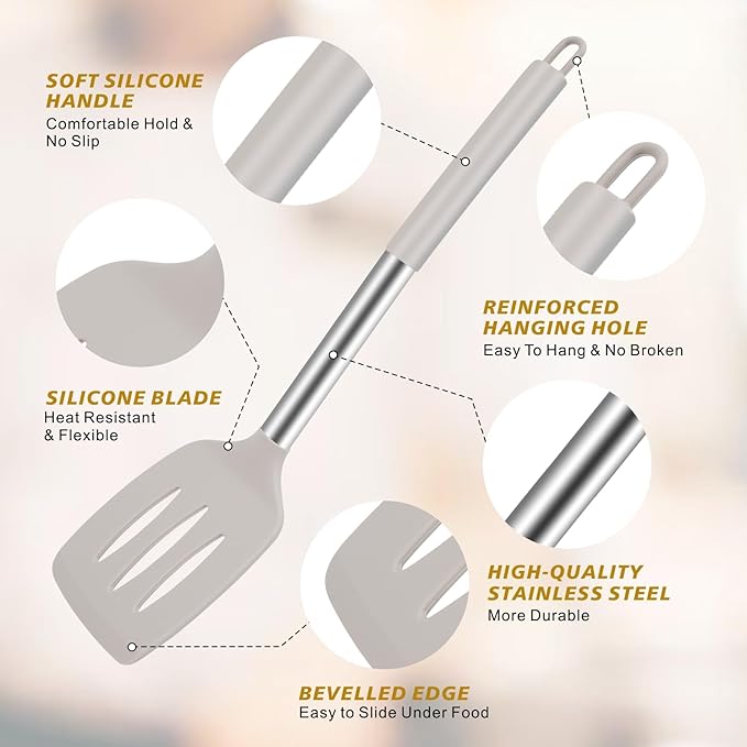 5-Piece Silicone Kitchen Tool Set, BPA-Free, Heat-Resistant, Non-Stick & Dishwasher-Safe, with Slotted/Solid Spoons & Spatulas for Frying, Mixing, Draining – Includes Multi-Purpose Serving Hook(Khaki)-Ruum Studio Home