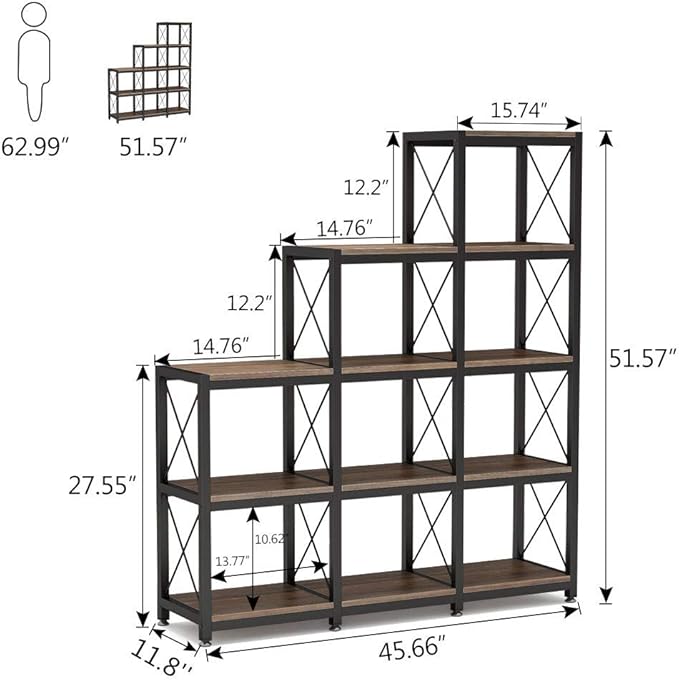 Tribesigns 12 Shelves Bookshelf, Industrial Ladder Corner Bookshelf 9 Cubes Stepped Etagere Bookcase, Rustic 5-Tier Display Shelf Storage Organizer for Home Office (Rustic Brown)-Ruum Studio Home