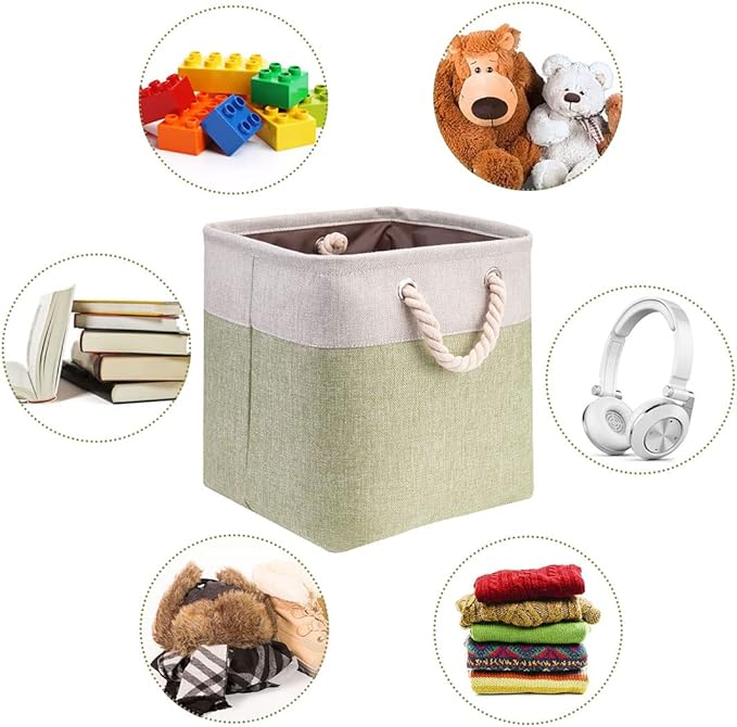 i BKGOO 3Pack Large Foldable Storage Bins，Collapsible Sturdy Cationic Fabric Organizing Storage Basket Cube with Cotton Handles for Home Office Shelf Clothes Toys Beige-Green 13×13×13 inch-Ruum Studio Home