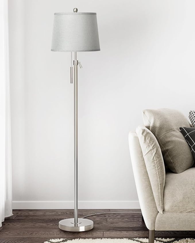 Floor Lamp for Living Room,Adjustable Height Standing Lamp,Dimmable Modern Floor Lamps for Bedroom Office Tall Floor Lights with Pull Chain Bulb Included-Silver Gray Shade-Ruum Studio Home