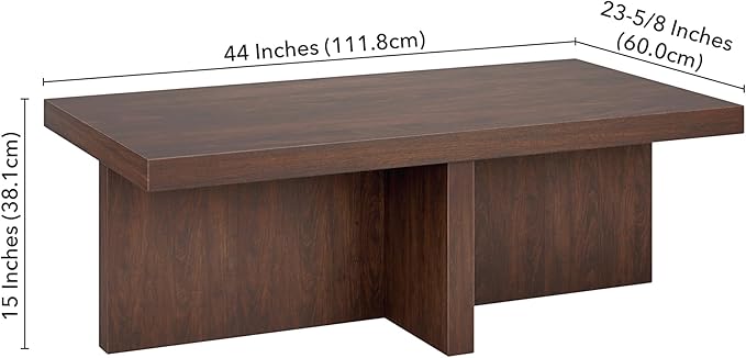 Henn&Hart 44" Rectangular Wood Pedestal Low-Profile Coffee Table for Living Room, Family Room, or Office, Alder Brown-Ruum Studio Home