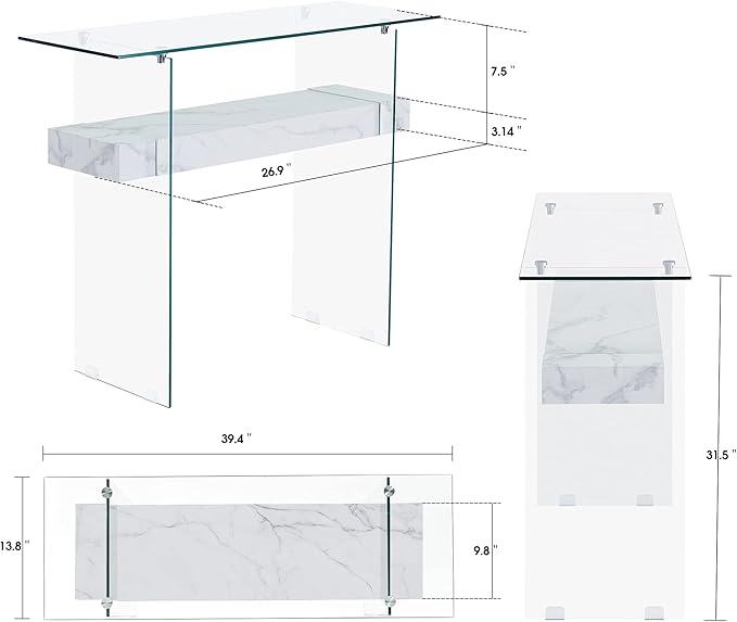 ivinta Glass Entry Table with Storage, 39.4" Modern Console Table for Living Room, Foyer, Hallway, Bedroom 5101 (White)-Ruum Studio Home