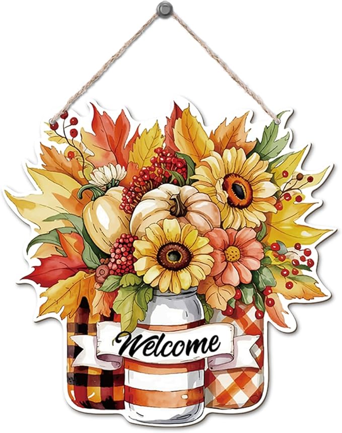 Thanksgiving Welcome Door Sign Pumpkin Hanging Decor Fall Wooden Sign Autumn Decorations, Outdoor Farmhouse Porch, Autumn Harvest Thanksgiving Home Decorations, Housewarming Gift-Ruum Studio Home