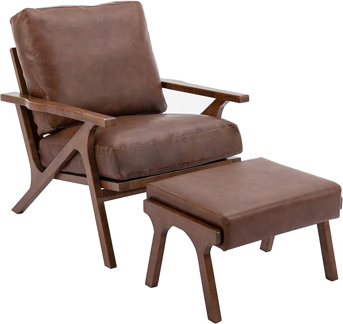 Mid Century Modern Accent Chair with Ottoman, Farmhouse PU Upholstered Living Room Armchair and Ottoman Set, 23" Seat Wide Retro Leisure Lounge Chair with Wood Frame for Home, Bedroom, Office, Brown-Ruum Studio Home
