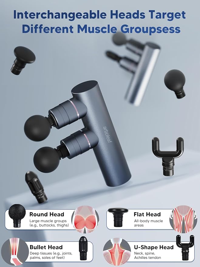 arboleaf Massage Gun Deep Tissue with Double Heads, Full-Metal Electric Portable Handheld Massager for Back, Shoulder, Sore Muscles, Pain Relief, 5 Modes, Seamless Speed Control-Ruum Studio Home