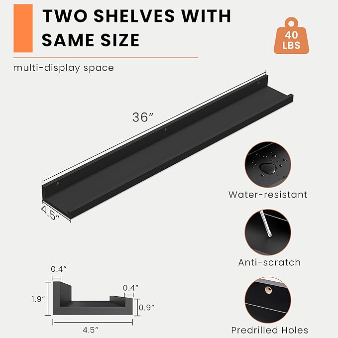 Heimlove Picture Ledge Shelf, Floating Shelves Set of 2, 36 Inches Picture Shelf for Wall with Ledge, Kids Bookshelf Wall Mounted for Living Room Bedroom Decor Books Photo Frames - Black-Ruum Studio Home