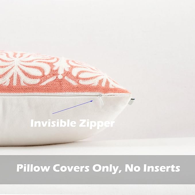 HWY 50 Pink Decorative Lumbar Pillow Cover Rectangle 12x20 Inch (1 Piece), Embroidered Cotton Farmhouse Cushion Cover Pillow Case for Sofa Couch Living Room Bed, Minimalist Floral-Ruum Studio Home