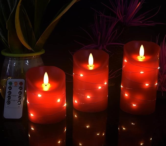 danip red LED flameless Candle with Embedded Star String, 3-Piece Set of LED Candles, with 11 Button Remote Control, 24-Hour Timer Function, Dancing Flames, Real Wax, Battery Powered. (Red)-Ruum Studio Home