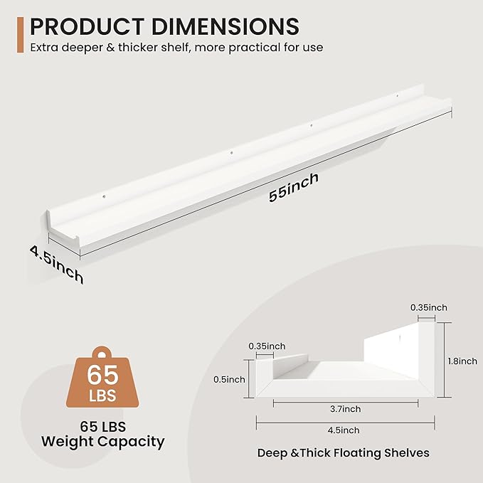 Fun Memories Picture Ledge Shelves Set of 2, 55 Inch Rustic Wall Mounted Floating Shelves with Lip for Home Storage and Décor in Bathroom, Kitchen, Nursery, Bedroom, Living Room, White-Ruum Studio Home