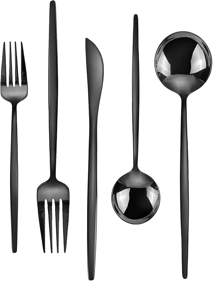 Black Silverware Set, KassKa 40 Pieces Flatware Cutlery Set, Stainless Steel Utensils Set Spoon Fork Knives Set for Home Restaurant and Kitchen, Mirror Polished Finished, Service for 8-Ruum Studio Home