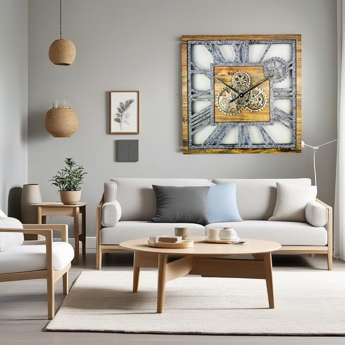 The Gears Clock 24'' Inch Square Real Moving Gear Wall Clock Vintage Industrial Oversized Rustic Farmhouse (Wood and Stone)-Ruum Studio Home