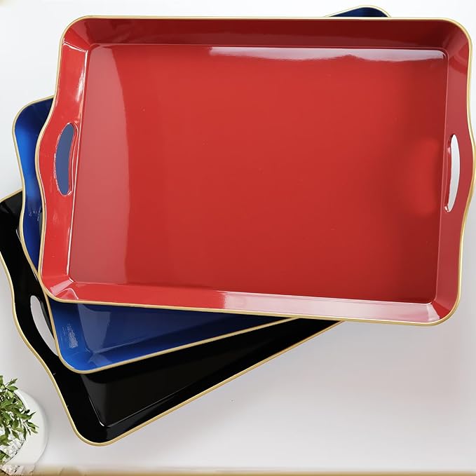Spsyrine Large Black Serving Tray with Handles, Plastic Decorative Tray for Coffee Table, Ottoman, Bathroom, Home Decor 17.3"*11.8"*2"-Ruum Studio Home