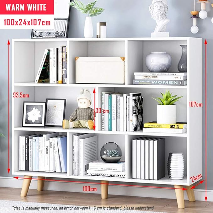 IOTXY Wooden Open Shelf Bookcase - 3-Tier Floor Standing Display Cabinet Rack with Legs, 8 Cubes Bookshelf, Warm White-Ruum Studio Home
