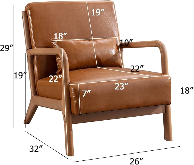 INZOY Mid Century Modern Accent Chair with Wood Frame, PU Leather Reading Armchair with Waist Cushion, Upholstered Living Room Chairs for Bedroom Sunroom (Camel)-Ruum Studio Home