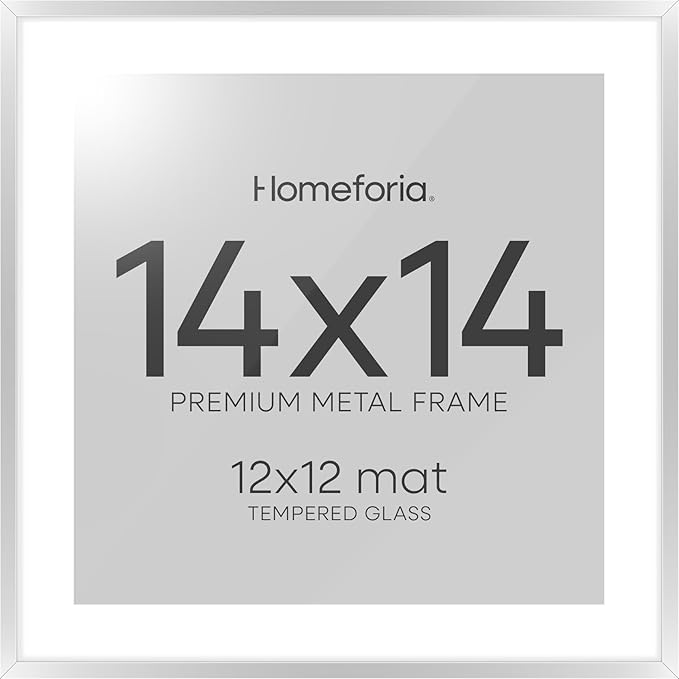 Homeforia Silver 14x14 Picture Frame, High End Metal 14 x 14 Square Frame with Mat 12 x 12 Photo, 14x14 Poster Frames Matted to 12x12 Print, 14 by 14 Hanging Frames, Tempered Glass, Wall Kit, Set of 1-Ruum Studio Home