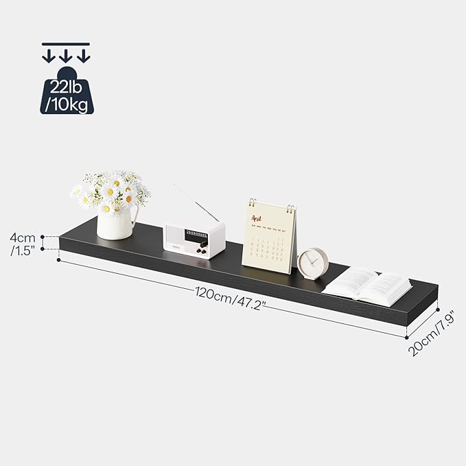 HOOBRO Floating Shelves for Wall, Wall Mounted Shelf Set of 2, 47.2" Hanging Shelf with Invisible Brackets, for Wall in Bathroom, Bedroom, Toilet, Kitchen, Living Room, Office, Black BK120BJP201-Ruum Studio Home