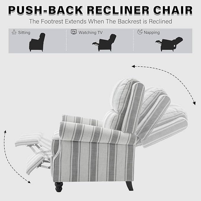 UIXE Pushback Recliner Chair Push Back Accent Chair, Fabric Overstuffed Armchair for Living Room, Rivet Trim Club Chair Home Theater Single Sofa Bedroom Reading Seat - Stripe Gray-Ruum Studio Home