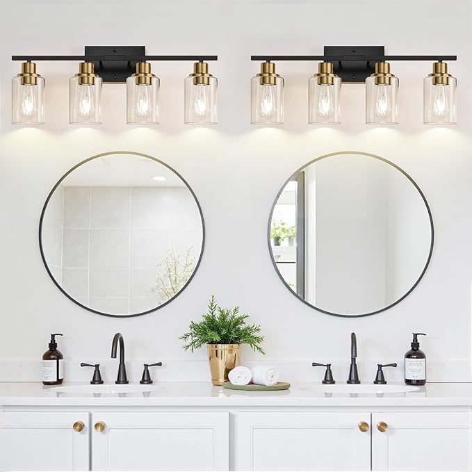 4-Light Bathroom Light Fixtures, Black and Gold Modern Vanity Lights with Clear Glass Shades, Bathroom Wall Lamp for Mirror Living Room Cabinet Bedroom Porch-Ruum Studio Home