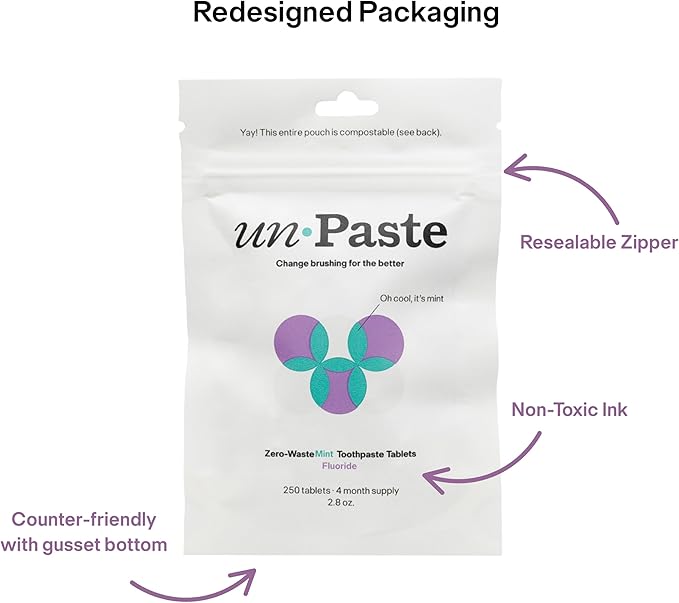 New Formula, Unpaste Toothpaste Tablets, Fluoride Mint, Xylitol Free, Vegan, Plastic Free, Travel-Friendly, Resealable Packet, 250ct, 4 Month Supply-Ruum Studio Home