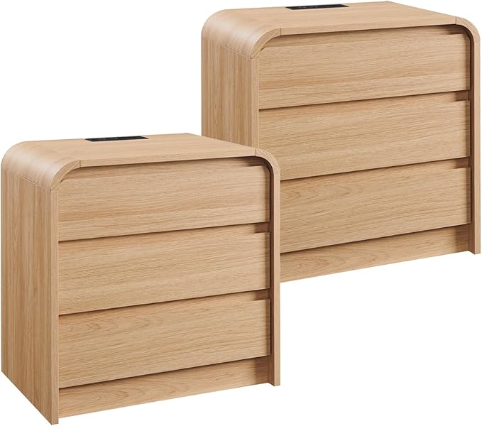 25" Tall Modern Nightstand Set of 2, 23.6" Wide Wood Bedside Table with Charging Station, 3 Storage Drawers Side Table w/Curved Profile Design,End Table for Bedroom, Natural Oak-Ruum Studio Home