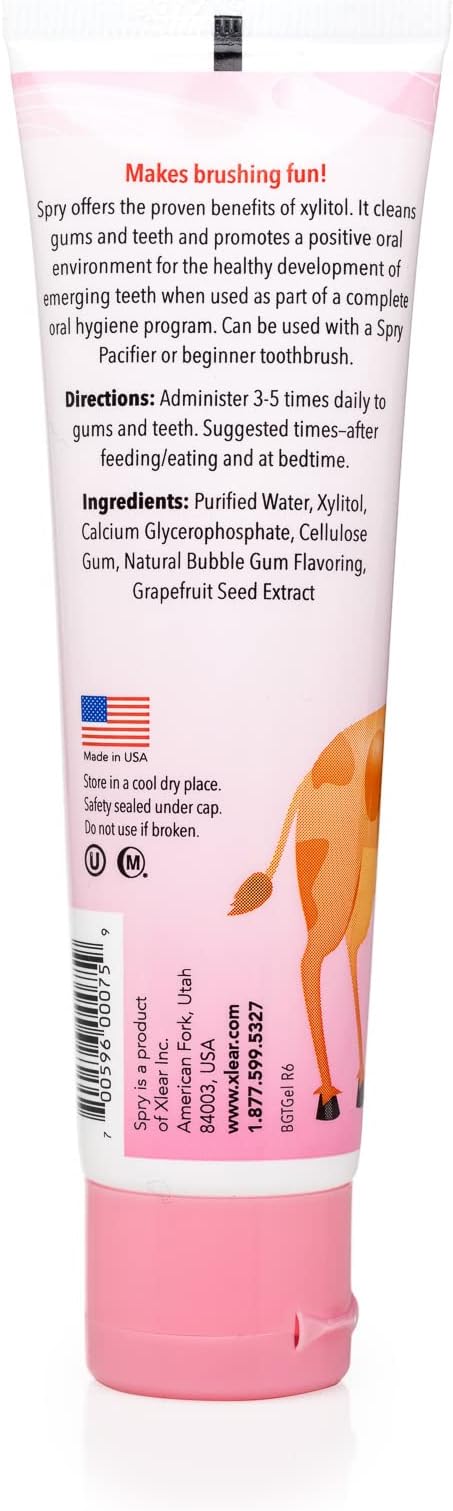 Spry Natural Xylitol Toothpaste for Baby, Toddler and Kids Age 3 Months and Up - Fluoride Free Tooth Gel, Tasty, Support Development of Emerging Teeth, Bubble Gum 2 Fl Oz (Pack of 1)-Ruum Studio Home